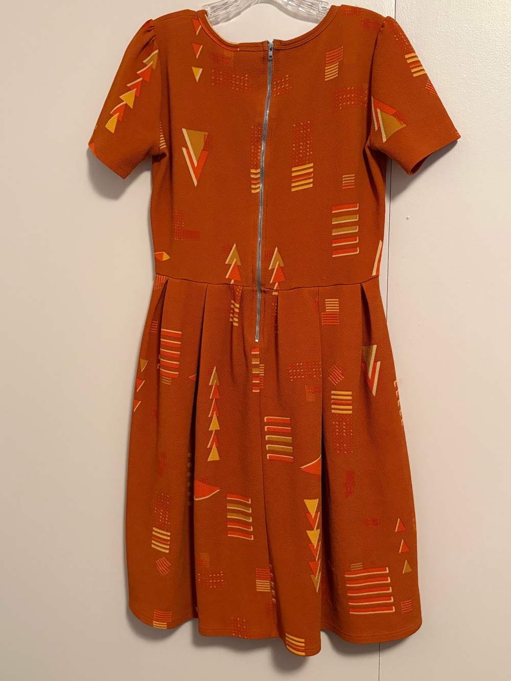LuLaRoe Rust Orange Fit-and-Flare Mini Dress with Geometric Accents - Picture 5 of 6